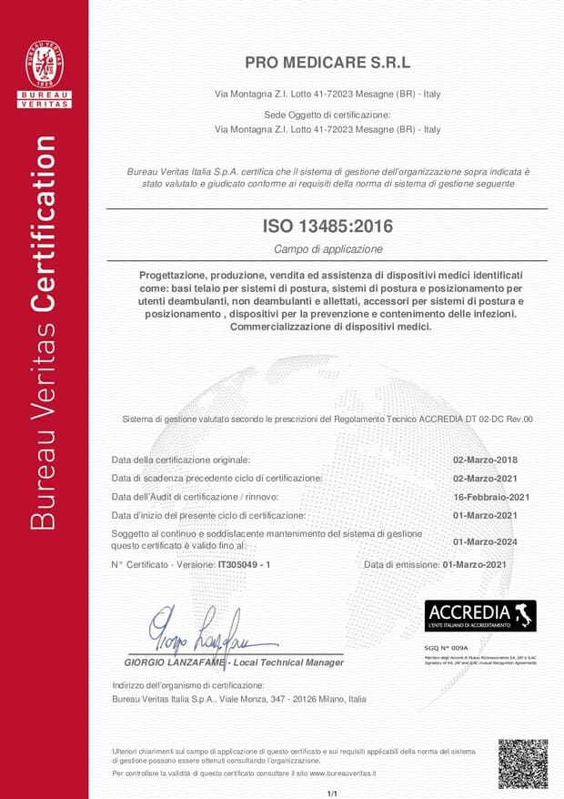 Certificato di Qualità ISO 13485 Pro Medicare S.r.l.
